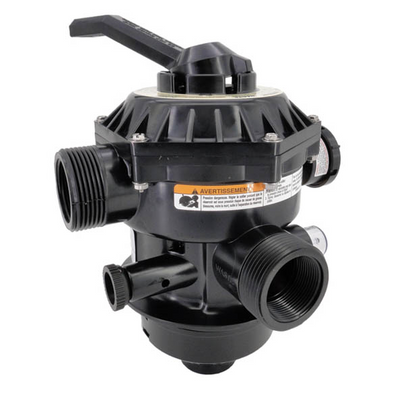 View of the Pentair 262506 Multiport Valve showing the intake and return ports and the manufacturer safety warning label.