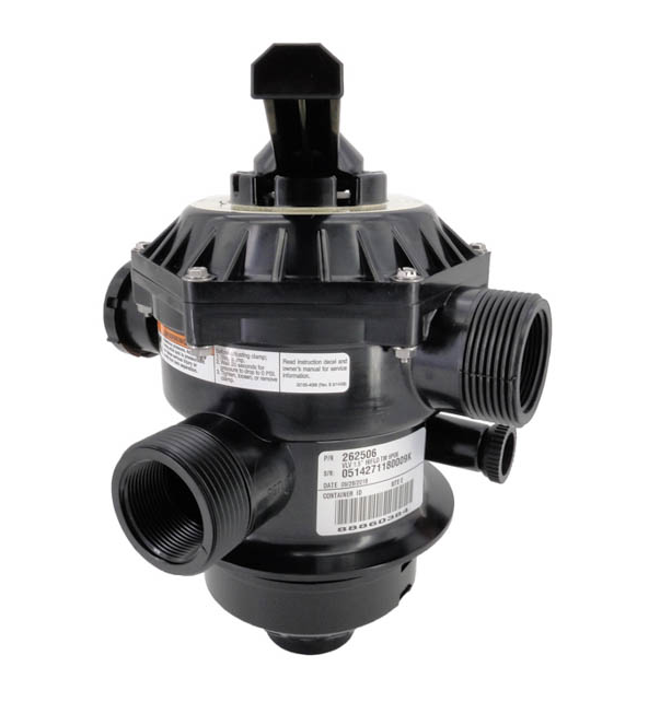 Side view of the Pentair 262506 Multiport Valve showing the manufacturer model number and date code sticker for easy identification.