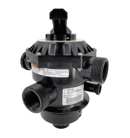 Side view of the Pentair 262506 Multiport Valve showing the manufacturer model number and date code sticker for easy identification.