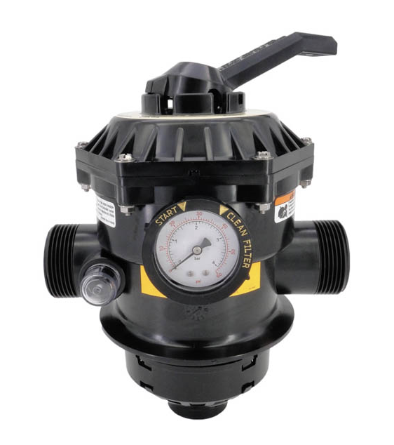 Side view of the Pentair 262506 Multiport Valve featuring the integrated pressure gauge and 1.5-inch threaded ports.