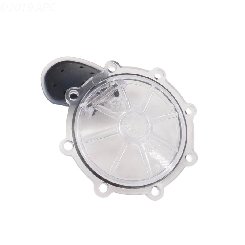 Side angle view of the Pentair 263042Z rebuild kit clear lid and flapper assembly for CPVC pool check valves.