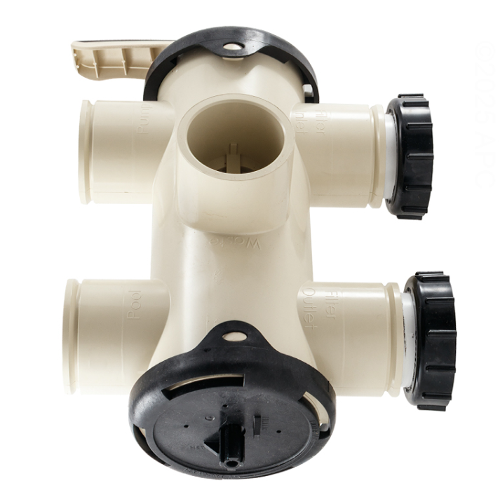 Bottom view of Pentair FullFloXF 263080 Backwash Valve showing lower plumbing ports and internal flow paths.