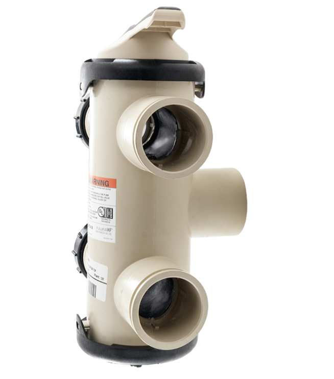 Side profile of Almond Pentair FullFloXF 263080 Backwash Valve showing warning labels and bulkhead connection ports.