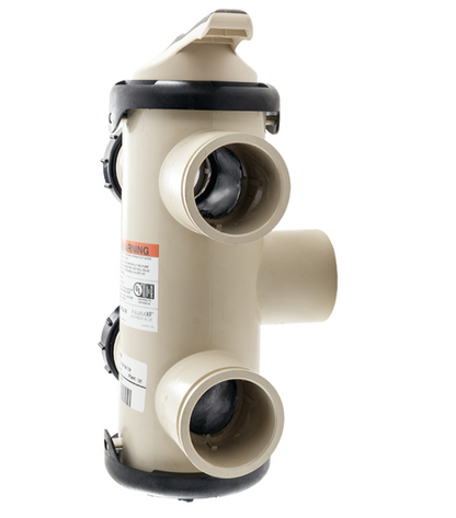 Side profile of Almond Pentair FullFloXF 263080 Backwash Valve showing warning labels and bulkhead connection ports.