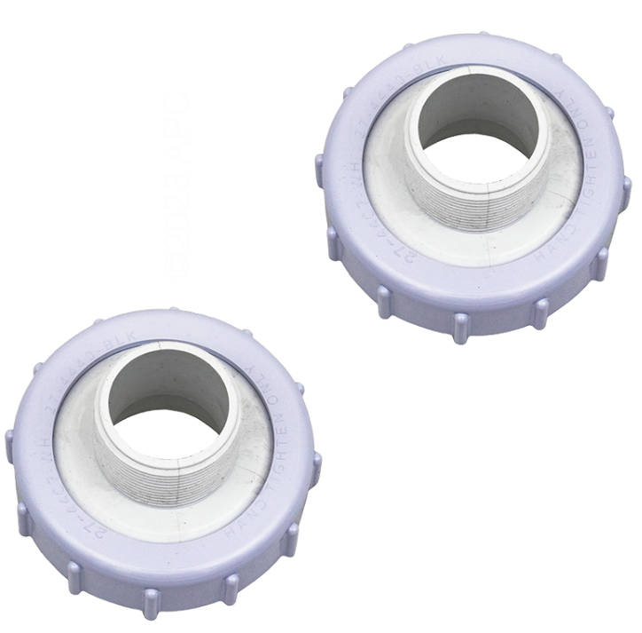 Angled view of the Pentair PacFab 271094 1.5-inch threaded valve adapters showing the internal threading and PVC construction for Triton II filters.