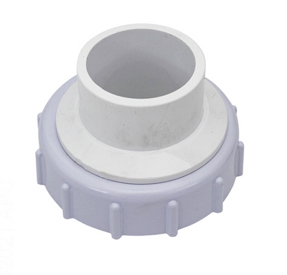 Close-up of a single Pentair 271096 Bulkhead Adapter showing the white thermoplastic construction and threaded union nut for pool filter plumbing.