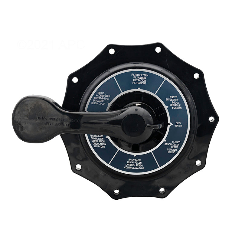 Genuine Pentair 272568Z multiport valve top assembly handle and label front view.