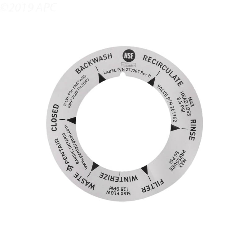 Genuine Pentair 273207 2-inch DE multiport valve position label front view.