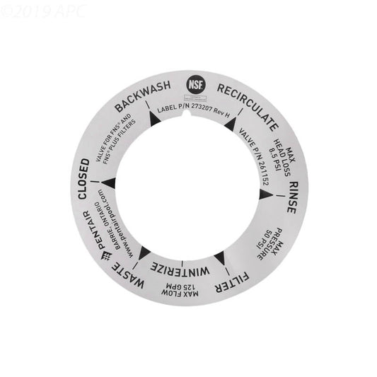 Genuine Pentair 273207 2-inch DE multiport valve position label front view.