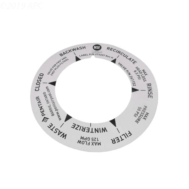 Rotated detail view of the Pentair 273207 PVC valve position decal markings.