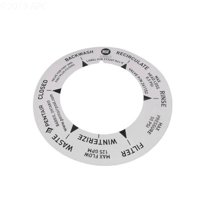 Rotated detail view of the Pentair 273207 PVC valve position decal markings.
