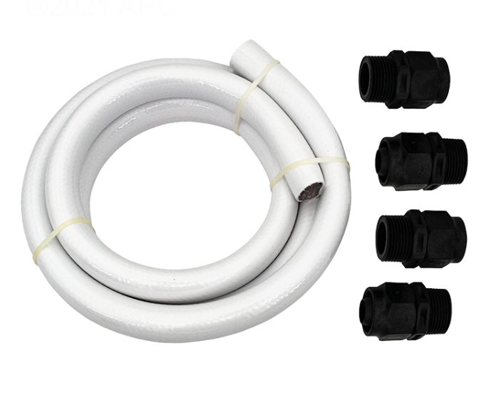 Pentair 353040Z Boost-Rite Pump Hose Kit featuring a 6-foot white reinforced hose and four black threaded reducer bushings and adapters.