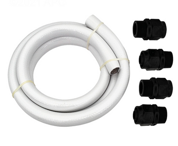 Pentair 353040Z Boost-Rite Pump Hose Kit featuring a 6-foot white reinforced hose and four black threaded reducer bushings and adapters.