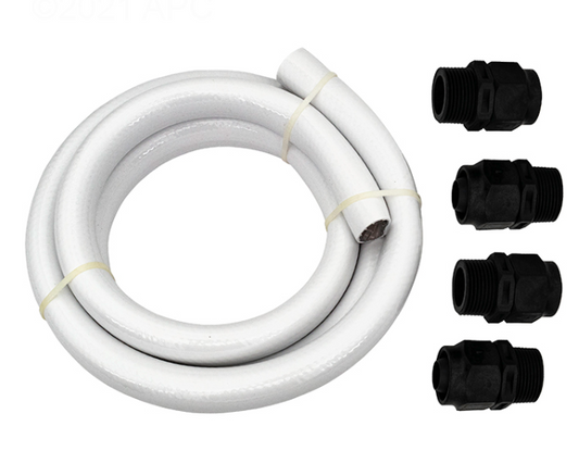 Pentair 353040Z Boost-Rite Pump Hose Kit featuring a 6-foot white reinforced hose and four black threaded reducer bushings and adapters.