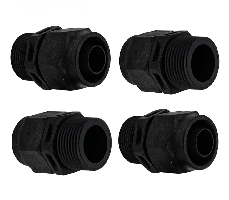 Detailed view of the four black plastic reducer bushings and threaded adapters included in the Pentair 353040Z Boost-Rite Pump Hose Kit.