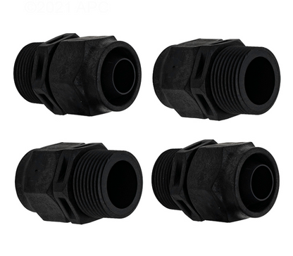 Detailed view of the four black plastic reducer bushings and threaded adapters included in the Pentair 353040Z Boost-Rite Pump Hose Kit.