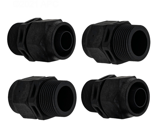Detailed view of the four black plastic reducer bushings and threaded adapters included in the Pentair 353040Z Boost-Rite Pump Hose Kit.