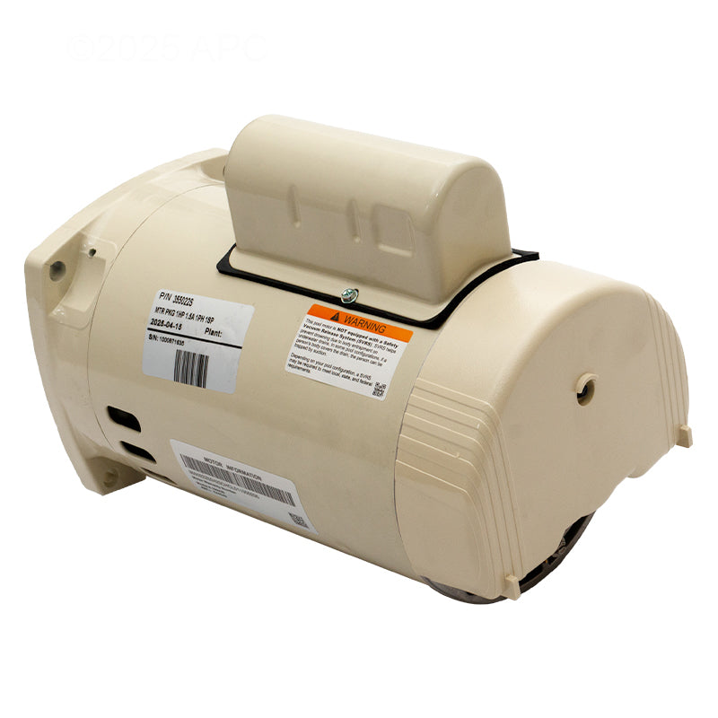 Side view of Pentair 355022S 1HP motor label showing electrical specifications, 1.65 service factor, and 115/230V wiring.