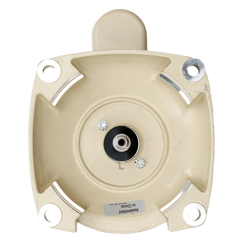 Front view of Pentair 355022S motor showing the square flange mounting face and stainless steel shaft where the shaft seal is installed.