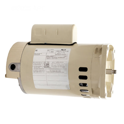 Side view of Pentair 355022S 1HP motor label showing electrical specs, 1.65 service factor, and dual voltage wiring.