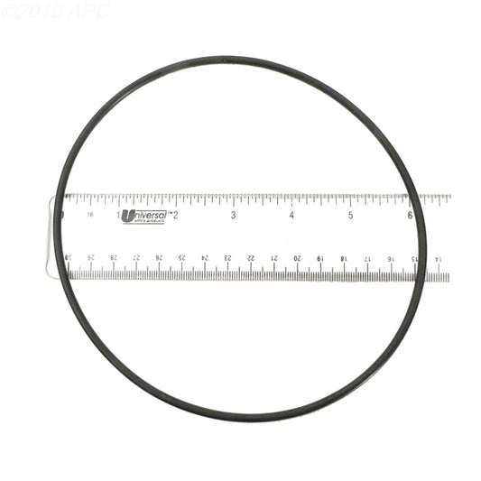 Pentair 355051275 Sta-Rite O-Ring (O299) shown with ruler to confirm 6.25 inch diameter for WC112-148 valves.