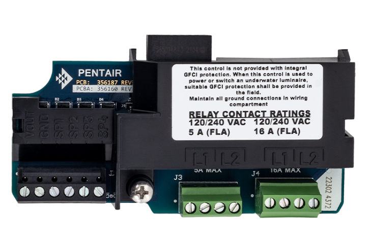 Pentair 356365Z Relay Control Board showing 5A and 16A relay contact ratings and terminal blocks