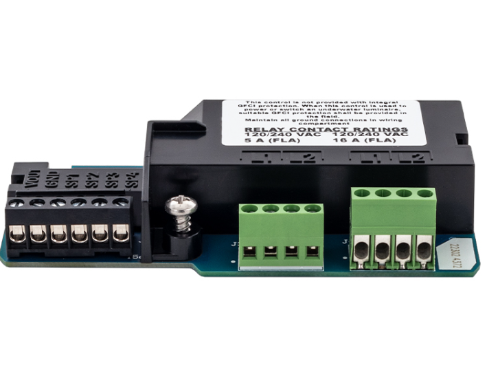 Close-up of Pentair 356365Z Relay Board sticker showing 120/240 VAC 5A and 16A FLA contact ratings