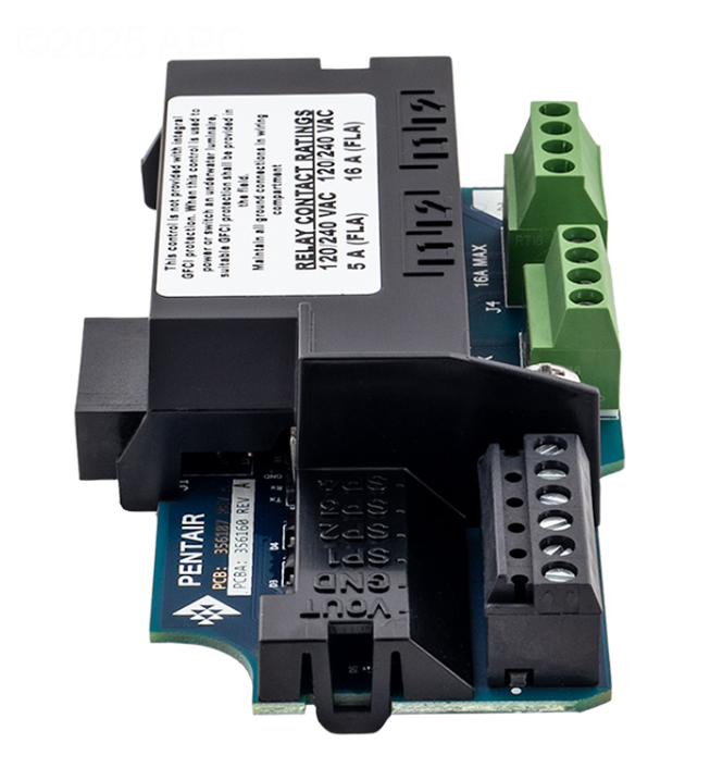 Side view of Pentair 356365Z Relay Board showing Pentair logo, PCB part numbers, and wiring terminal labels
