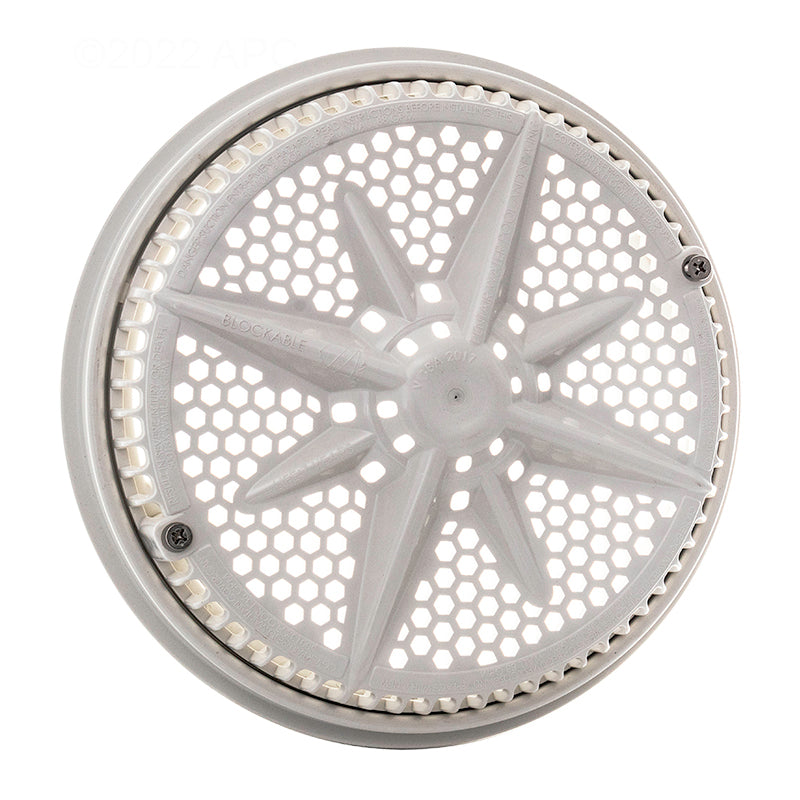 Front view of the genuine Pentair 500103 8-inch StarGuard white replacement main drain cover.