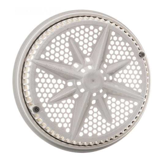 Front view of the genuine Pentair 500103 8-inch StarGuard white replacement main drain cover.