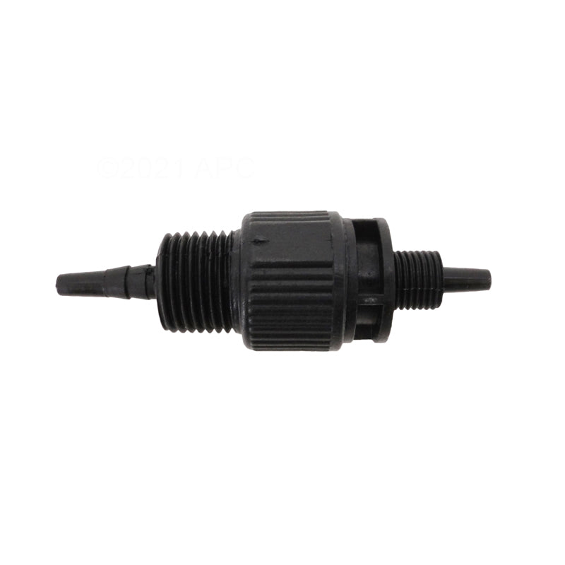 Genuine Pentair 521508 black chemical container suction fitting, profile view.