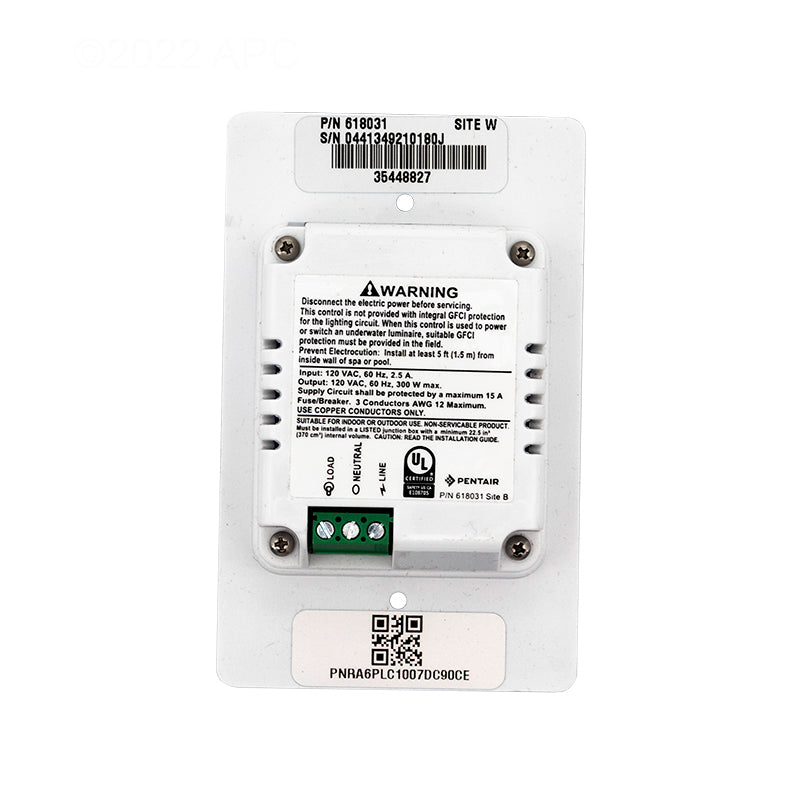Rear view of Pentair Color Sync 618031 controller showing wiring terminal blocks, safety warnings, and product identification labels