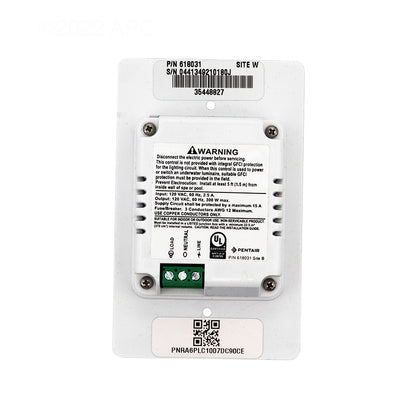 Rear view of Pentair Color Sync 618031 controller showing wiring terminal blocks, safety warnings, and product identification labels