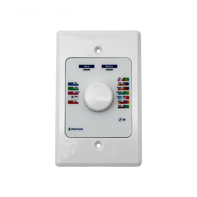 Front close-up view of Pentair Color Sync smart controller interface panel showing manual control dial and light show modes
