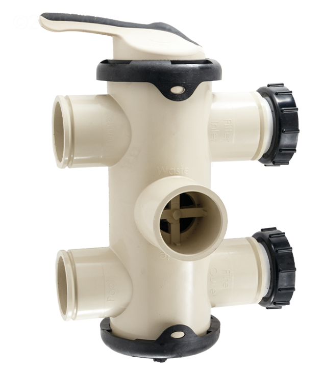 Side view of Pentair FullFloXF 263080 Backwash Valve in Almond with 2.5" x 3" union ports.