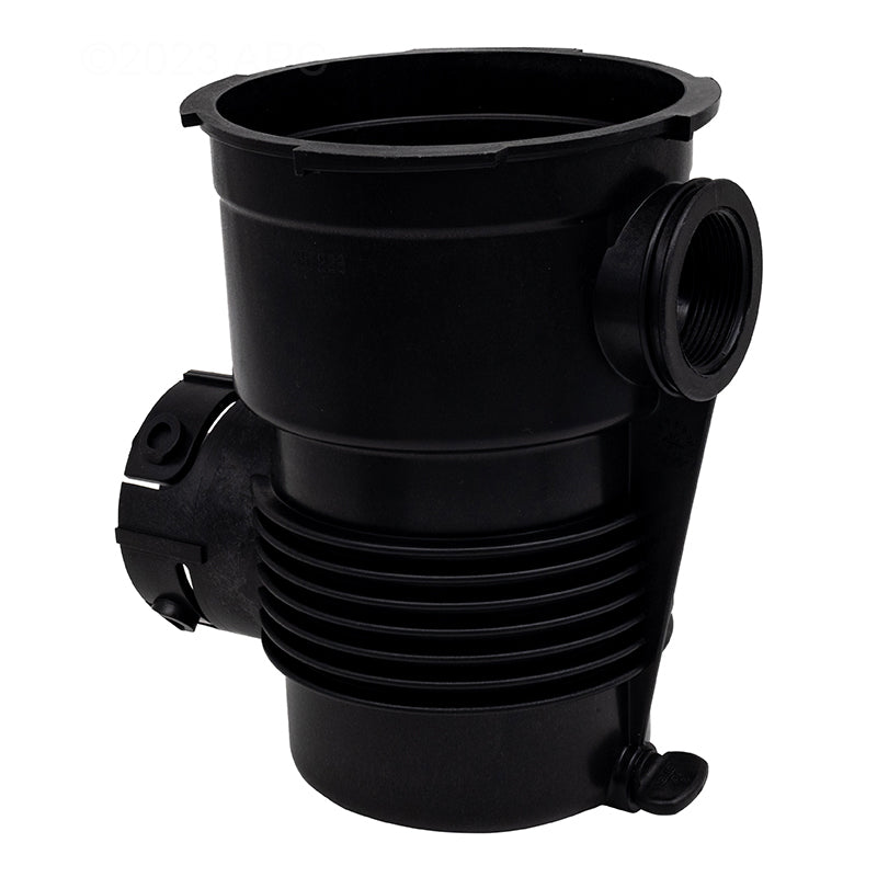 Genuine Pentair 357228Z OptiFlo strainer pot with drain plugs, front port view.