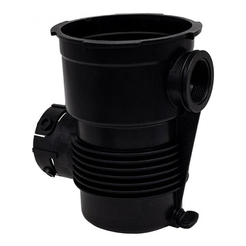Genuine Pentair 357228Z OptiFlo strainer pot with drain plugs, front port view.