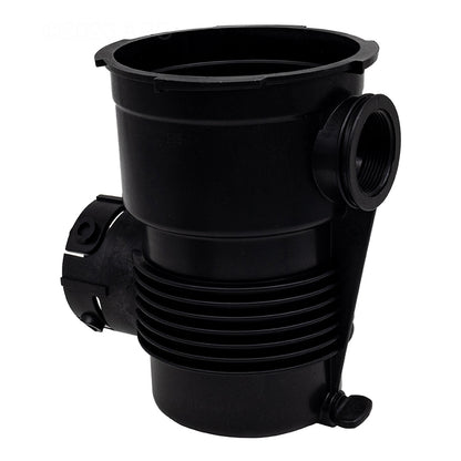 Genuine Pentair 357228Z OptiFlo strainer pot with drain plugs, front port view.