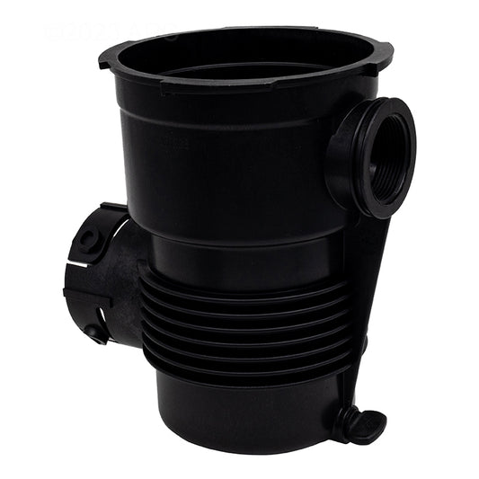 Genuine Pentair 357228Z OptiFlo strainer pot with drain plugs, front port view.