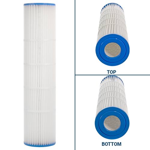 Top and bottom view of Pentair 178655Z filter cartridge showing blue reinforced end caps and filter media.