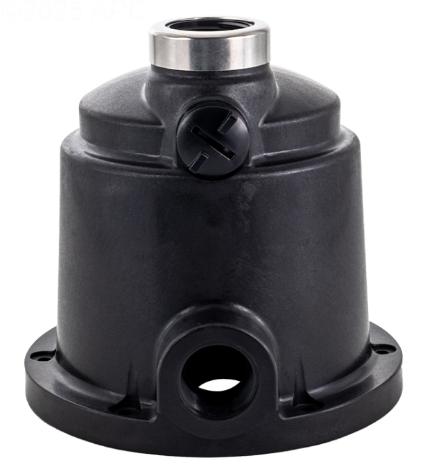 Side profile of the Pentair ZBR39320 Pump Body showing the stainless steel reinforced neck, black volute housing, and drain plug port.