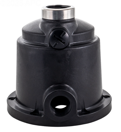 Side profile of the Pentair ZBR39320 Pump Body showing the stainless steel reinforced neck, black volute housing, and drain plug port.