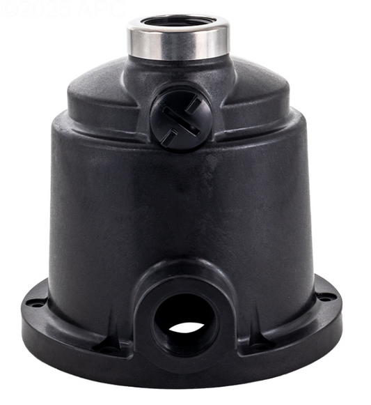 Side profile of the Pentair ZBR39320 Pump Body showing the stainless steel reinforced neck, black volute housing, and drain plug port.