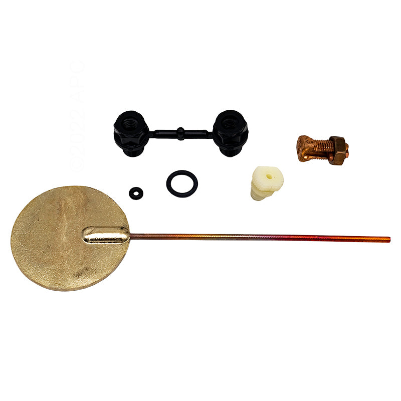 Disassembled components of the Perma-Cast PB-AG pump water bonding kit, showing the bronze bonding plate with copper probe, black drain plug body, o-rings, wire seal, and bronze bonding lug.