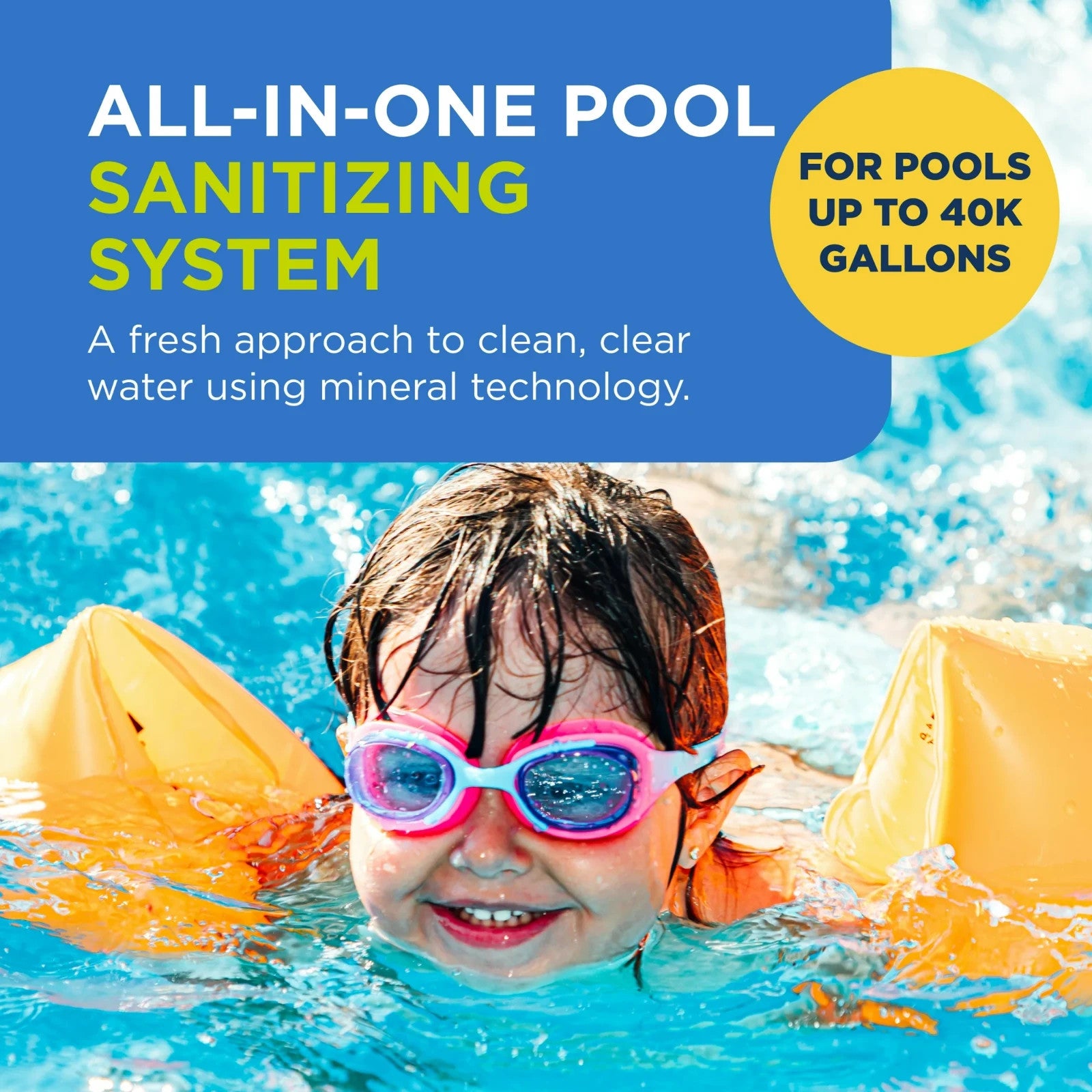 All-in-one pool sanitizing system graphic for pools up to 40,000 gallons using Pool Frog mineral technology.