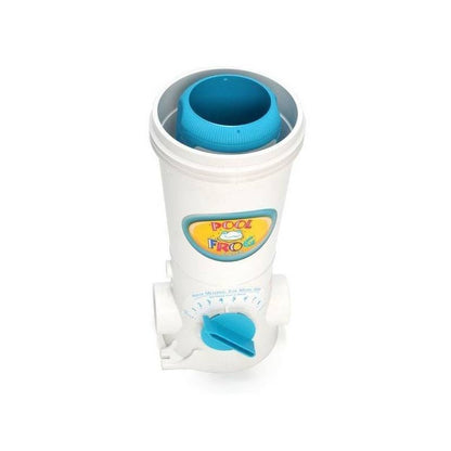 Profile view of the Pool Frog Model 5400 In-Line Cycler showing the complete white housing and internal blue mineral reservoir.