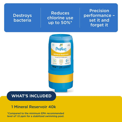 Feature graphic for Pool Frog 5400 Mineral Reservoir showing how it destroys bacteria and reduces chlorine use by up to 50 percent.