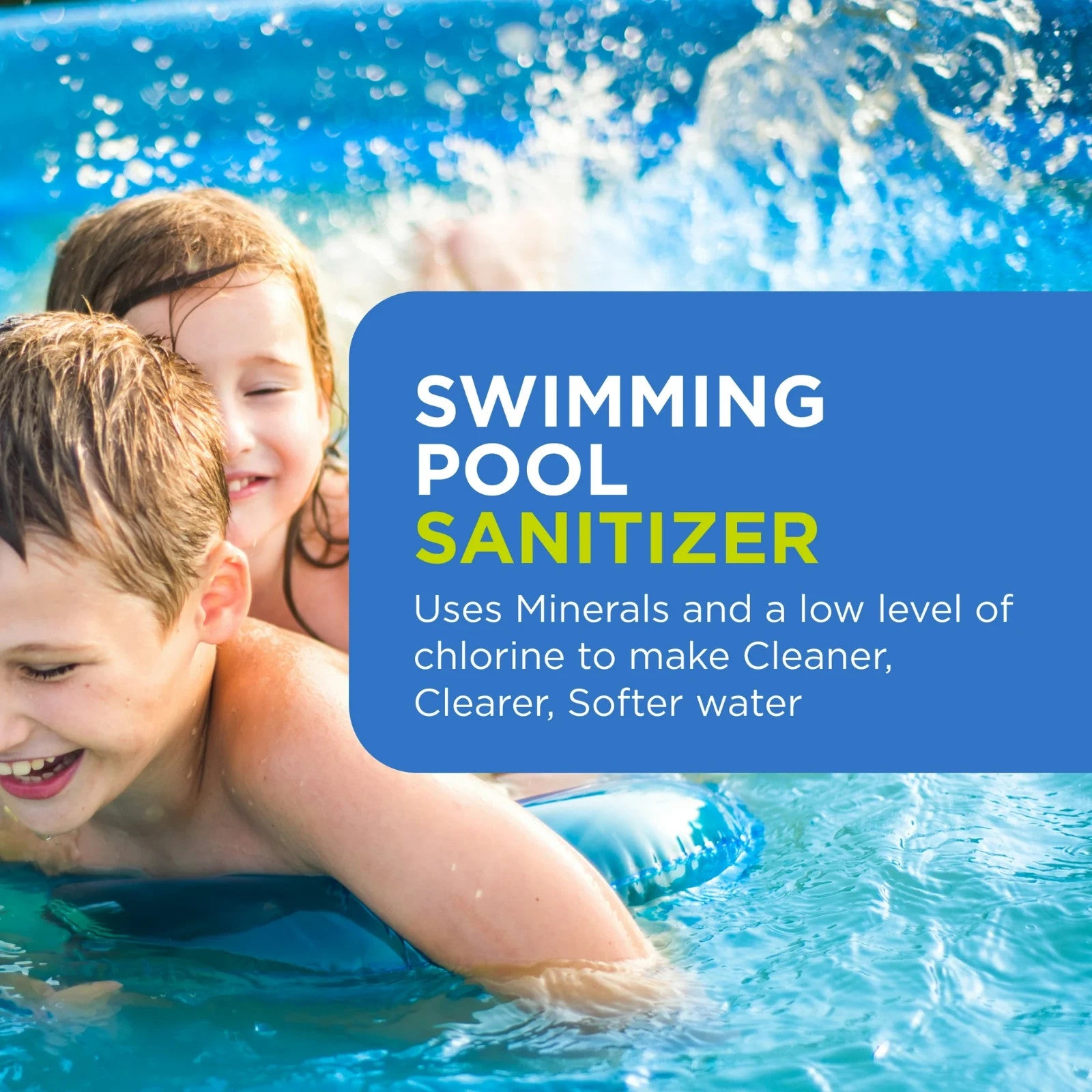 Children swimming in clean pool water sanitized by Pool Frog 5400 mineral technology for clearer and softer water.
