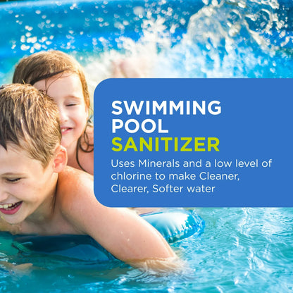Children swimming in clean pool water sanitized by Pool Frog 5400 mineral technology for clearer and softer water.