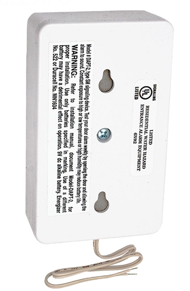 Back view of Poolguard DAPT-2 Alarm showing UL 2017 listing, safety warnings, and mounting screw holes.